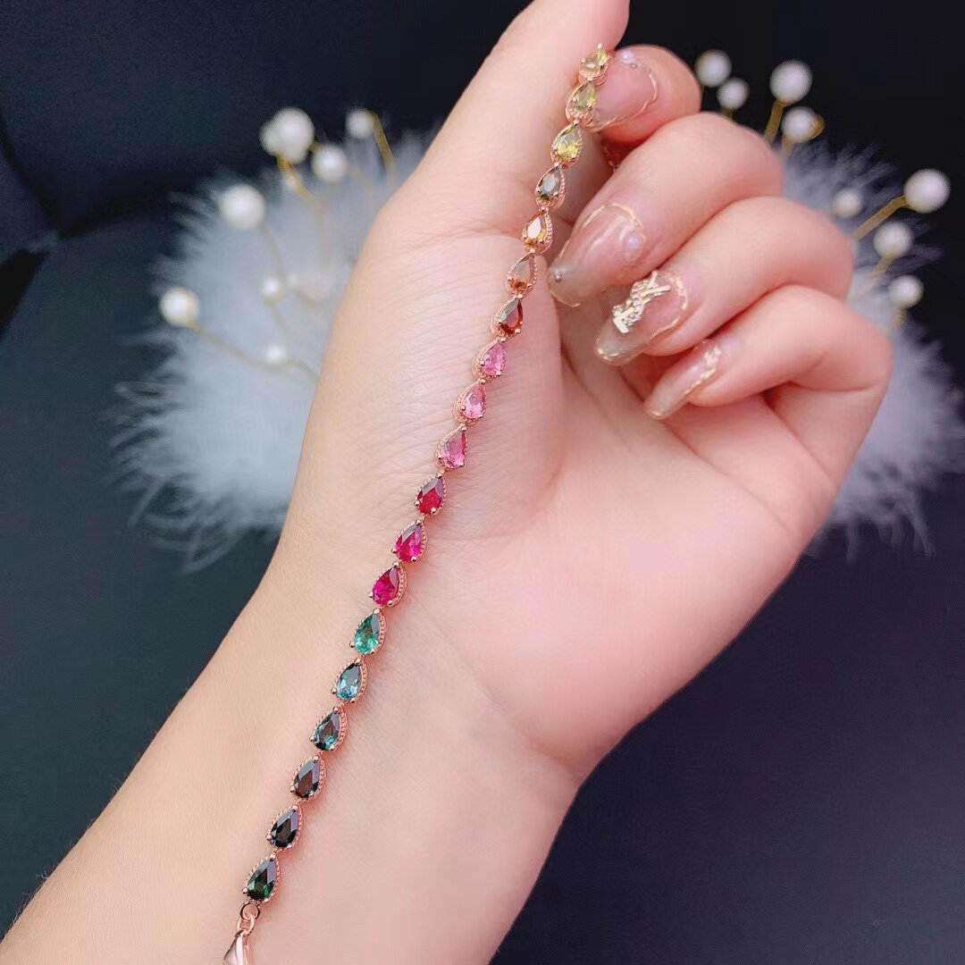 s925银镀18K金手链空托水滴3*5mm时尚简约未镶嵌 天然碧玺礼物