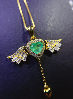 通体s925银吊坠空托女时尚百搭气质镶彩宝心形6*6mm天使之翼坠托