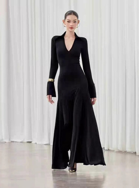 现货气质简约v领黑色大摆长裙越南小众设计优雅显瘦连衣裙50446
