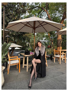 新款冬装黑色高级御姐风银狐毛领双面呢长款羊毛大衣