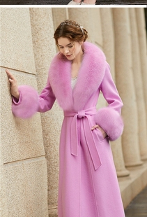 双面羊毛大衣女狐狸毛领新长款过膝收腰修身中长款羊毛呢外套