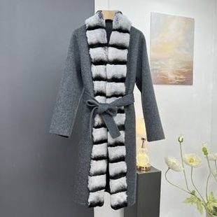 秋冬新羊绒双面呢大衣女长款仿龙猫獭兔毛领真毛皮草外套外贸