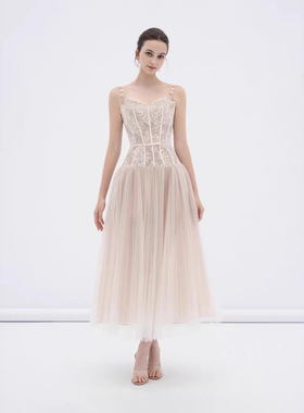 现货气质名媛蕾丝鱼骨吊带长裙越南小众设计薄纱连衣裙