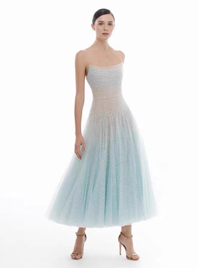 现货越南小众设计亮片蕾丝抹胸网纱长裙轻奢晚礼服连衣裙50097