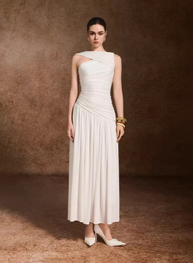 现货越南小众设计气质褶皱连衣裙新款优雅修身显瘦长裙