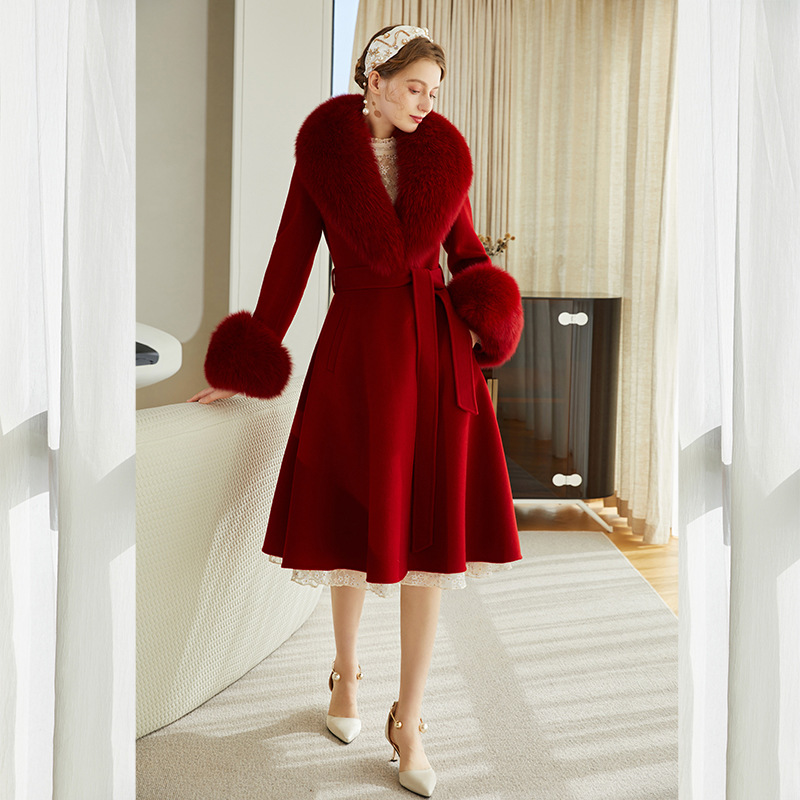 双面羊绒酒红色毛呢外套皮狐狸毛领中长款修身高端羊绒大衣