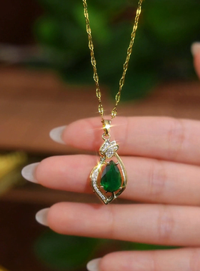 高级感绿色菱形水滴锁骨链项链女