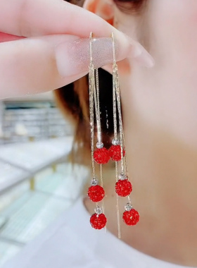 三生三世款红钻球耳线女长款网红百搭耳饰新年红色耳坠银针防过敏