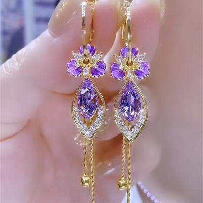高级感紫色锆石花朵长款流苏耳扣