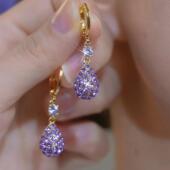 轻奢紫色镶钻水滴耳扣耳环女短款 设计感网红百搭耳饰2024秋冬新款