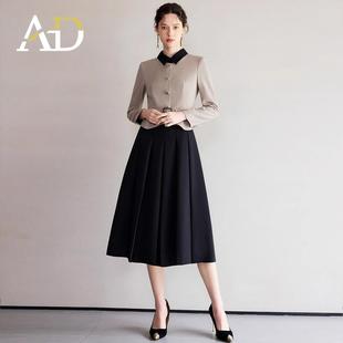 AD职场套装2025新款女装春秋名媛小香风假两件拼色翻领西装连衣裙