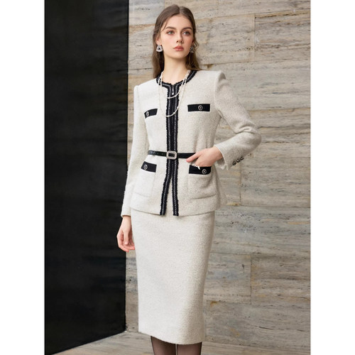 艾尚臣手编织带月光灰羊毛粗花呢小香风短外套女气质套裙两件套冬