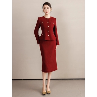 AD冬季新款石榴红设计感通勤套装粗花呢西装职场气质精致名媛套装