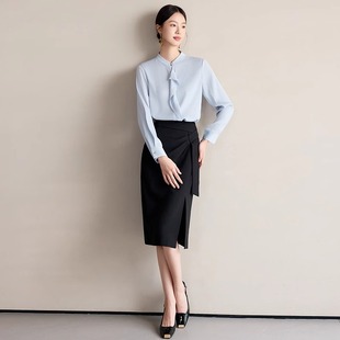 蓝色衬衫套装裙春夏季新款气质优雅高级感职业装白领通勤百搭衬衣