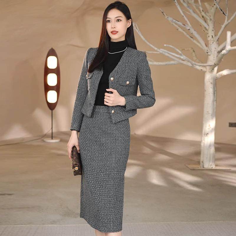 AD灰色小香风西装套装女2024秋冬爆款羊毛呢子轻熟风编织外套,女装/女士精品,时尚套装,淘宝优惠券,粉丝福利购,淘宝优惠卷