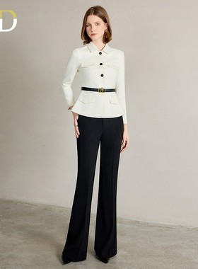 AD干练通勤西装女气质米白色短袖翻领上衣2025新款黑色喇叭裤套装