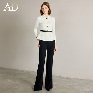 套装 AD干练通勤西装 黑色喇叭裤 翻领上衣2025新款 女气质米白色短袖