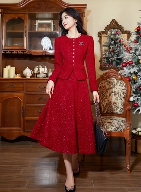 AD2024秋冬新款通勤套装圆领小香风职业两件套高级感红色跨年战袍