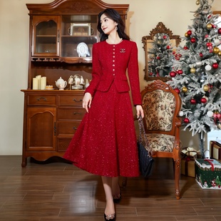 AD2024秋冬新款通勤套装圆领小香风职业两件套高级感红色跨年战袍