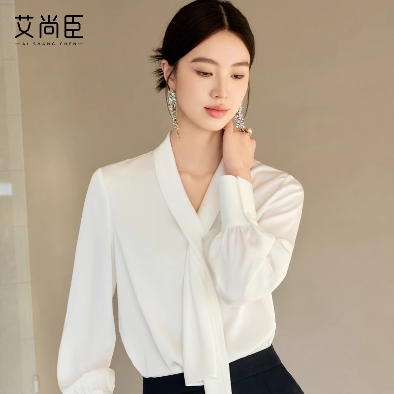 艾尚臣白色小众时尚洋气飘带衬衫
