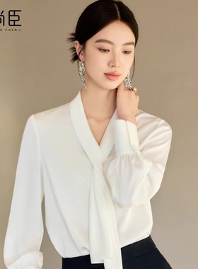 艾尚臣白色小众时尚洋气飘带衬衫女春秋季新款高级感时髦上衣衬衣