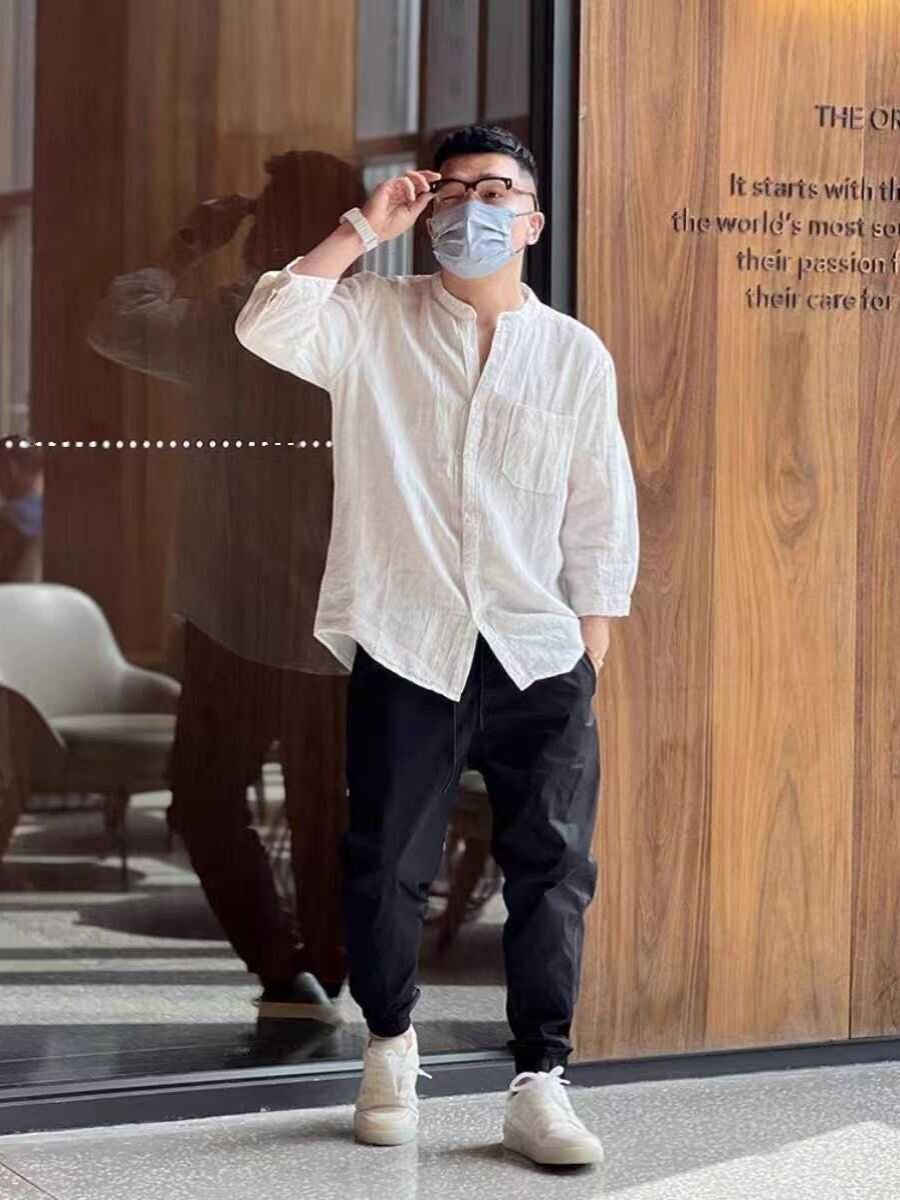 Summer Japanese-style retro casual, cool stand-up collar white shirt for men, trendy and versatile, sun-protective three-quarter sleeve linen shirt thumbnail 7