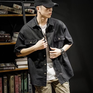 夏季美式重工水洗工装短袖衬衫男大码个性痞帅宽松t恤衬衣外套潮