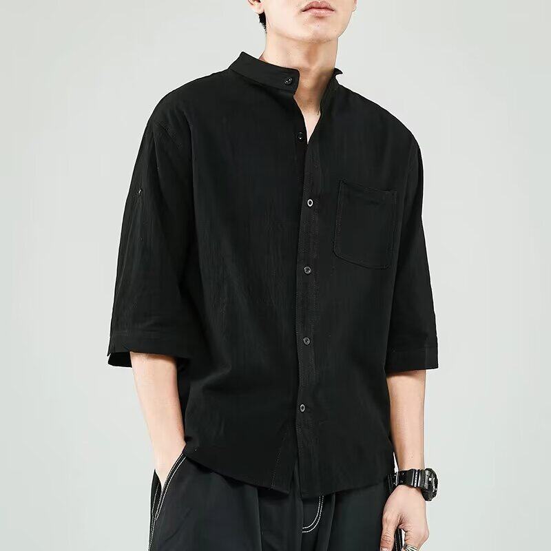 Summer Japanese-style retro casual, cool stand-up collar white shirt for men, trendy and versatile, sun-protective three-quarter sleeve linen shirt thumbnail 2