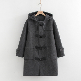 连帽小个子外套女装 原创学院风牛角扣大衣秋冬季 jk制服毛呢中长款