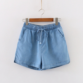 子系带休闲天丝柔软牛仔短裤 2025夏季 阔腿热裤 宽松韩版 女 冰丝薄款