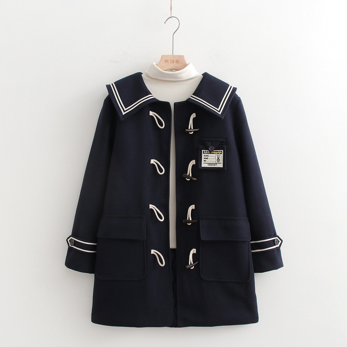 日系软妹学院风刺绣宽松海军领夹棉加厚jk中长款毛呢大衣外套少女