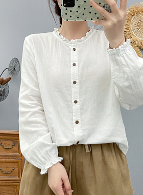 2025秋季新款木耳领花边长袖棉纱衬衫女休闲百搭上衣女86130