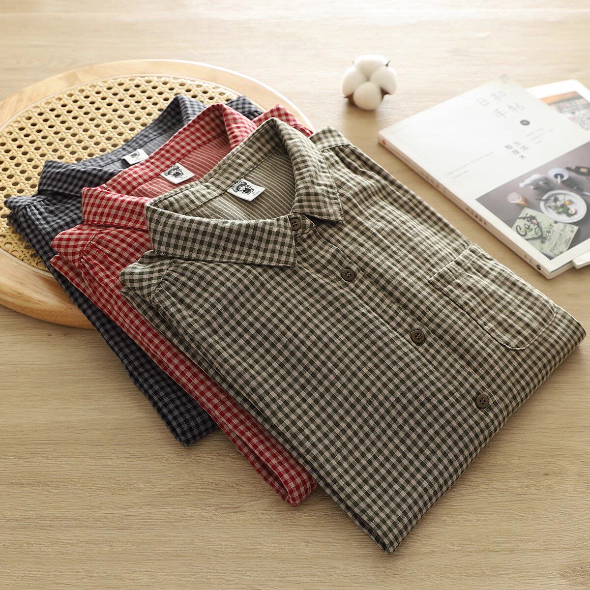 纯棉春秋文艺复古小格子双层棉纱长袖衬衫女宽松百搭休闲衬衣女,女装/女士精品,衬衫,淘宝优惠券,粉丝福利购,淘宝优惠卷