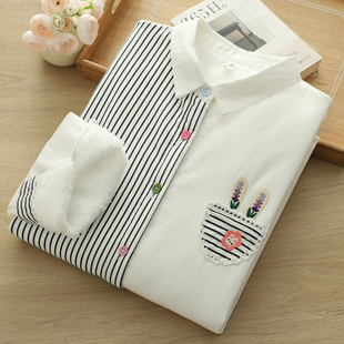 冬季新款全棉加绒刺绣衬衫女长袖宽松休闲百搭衬衣文艺打底衫上衣