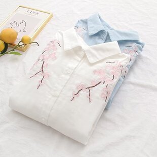 女宽松百搭文艺刺绣花朵纯棉柔软衬衣新 衬衫 2025秋装 双层棉纱长袖