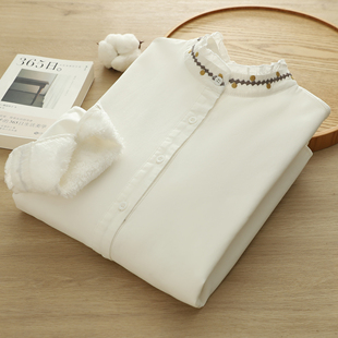 纯棉一体绒打底衬衫女加绒加厚保暖绣花上衣白色职业秋冬新款内搭