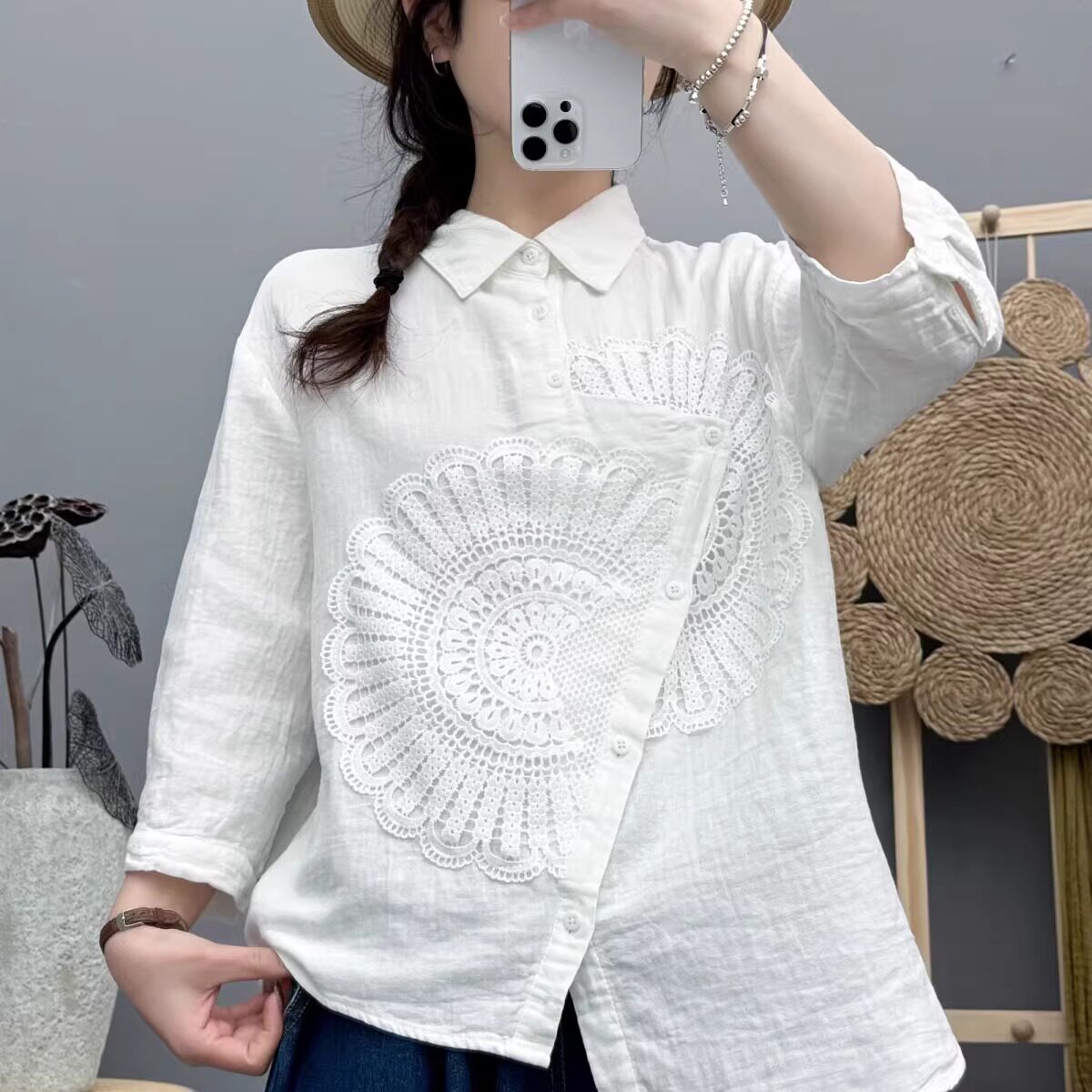 2026夏季文艺小清新简约蕾丝图腾双层棉纱白衬衫女五分袖打底衫潮