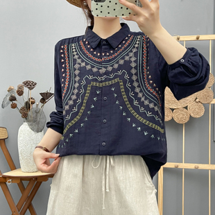 民族风彩色刺绣上衣小衫 翻领设计款式柔软双层纱纯棉衬衫女秋季