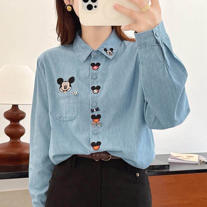 日系软妹元气少女甜美可爱米奇刺绣花蝴蝶结宽松长袖牛仔衬衫上衣