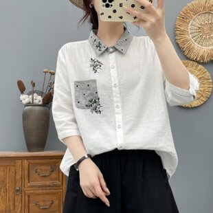 复古文艺绣花柔软亲肤透气纯棉五分袖 女夏季 上衣 衬衫 双层棉纱中袖