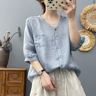 苎麻V领中袖衬衫女夏季薄款凉爽透气纯麻上衣复古文艺五分袖衬衣