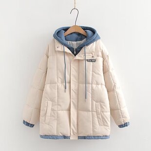 冬季新款初中生假两件羽绒棉服女高中学生爆款加厚连帽棉衣外套潮