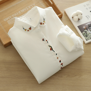 刺绣小花加绒衬衫女 文艺小清新减龄2024年新款绣花打底衬衣