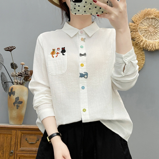 双层纱日系文艺卡通刺绣衬衫 纯棉翻领彩色扣子柔软亲肤上衣 女长袖