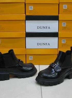 41312顿发2025年冬季新款圆头粗跟高帮鞋一脚蹬套式亮皮保暖短靴