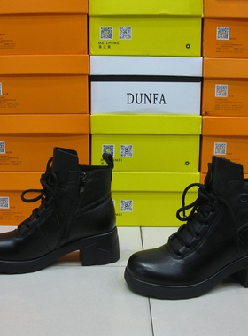 115-53035顿发2025年冬头层牛皮加绒休闲短靴粗跟英伦风百搭女靴