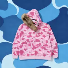 American Retro Fur Collar Camouflage Pink Hooded Sweatshirt for Men and Women in Autumn and Winter Loose Casual Versatile Pants Suit