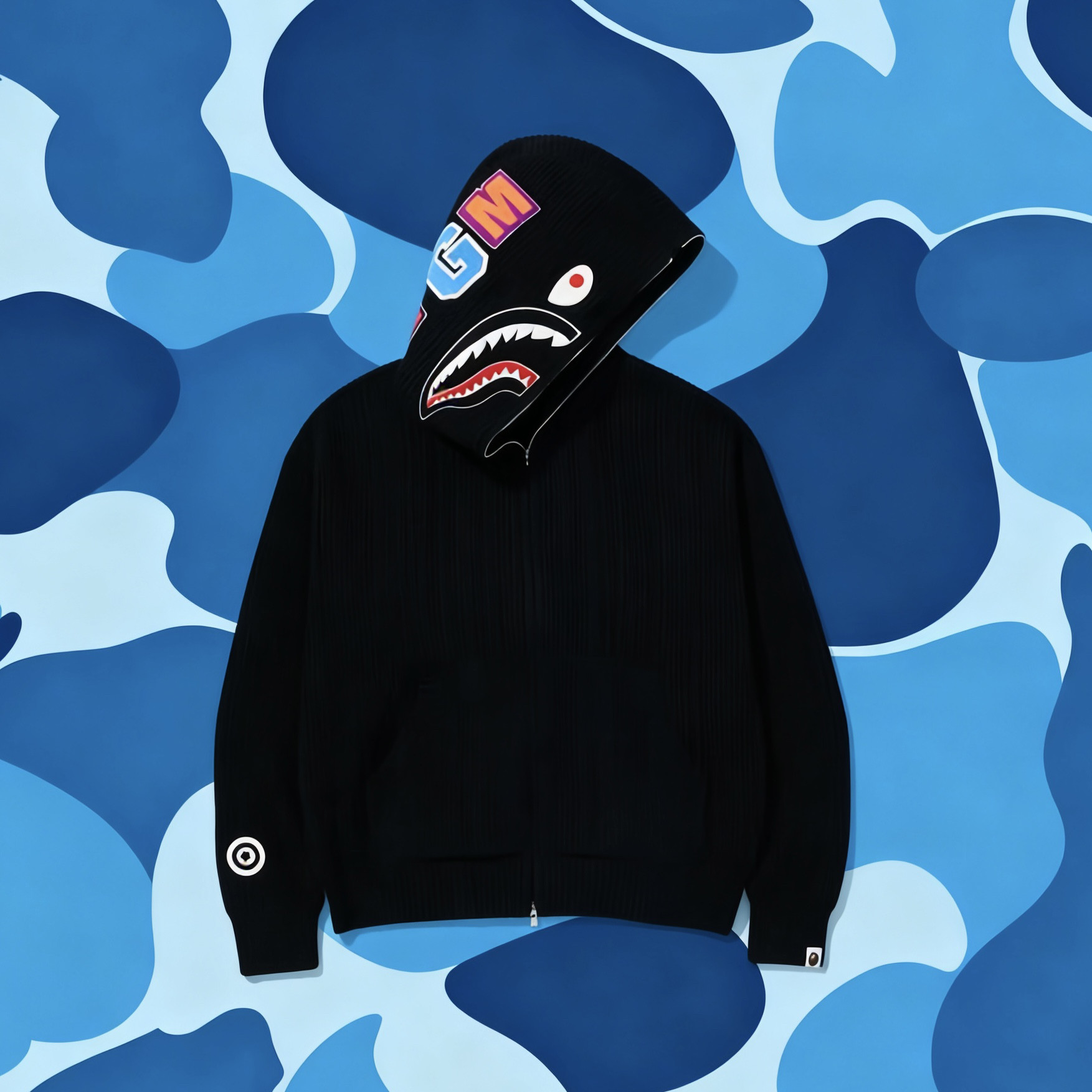 美式黑红毛织迷彩鲨鱼连帽针织开毛衣