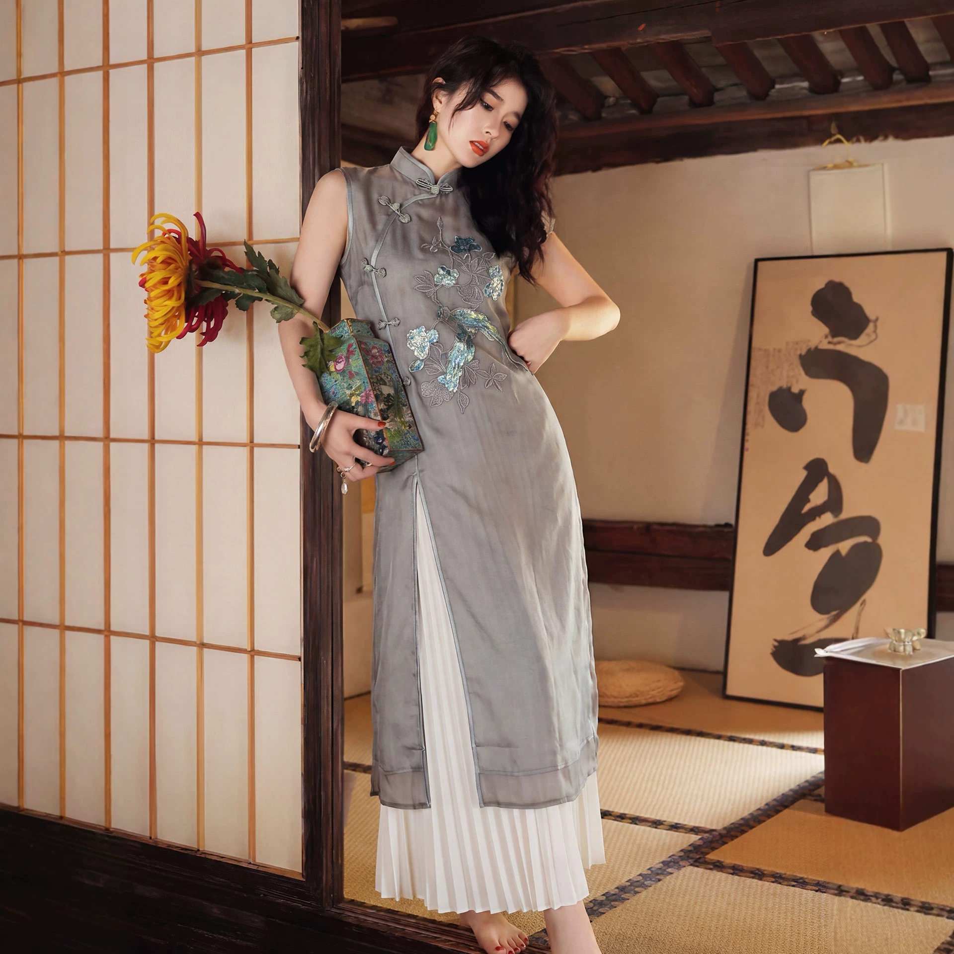 新中式真丝绡长款上衣女2026夏季新款复古中国风开叉改良旗袍衬衫