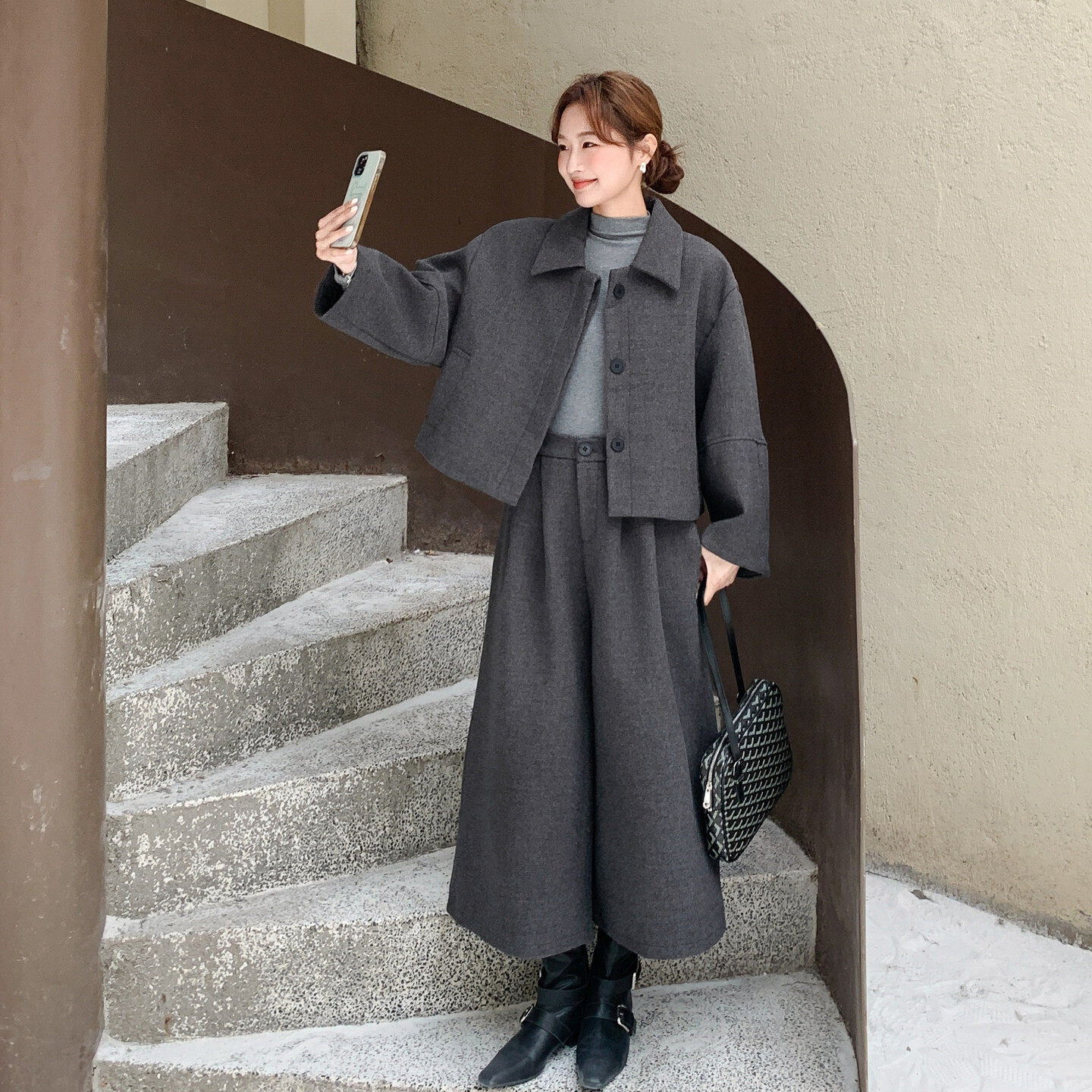 轻熟风毛呢两件套女2025冬季灰色外套阔腿裤显瘦套装